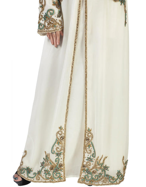 Modern White Georgette Hand Peral Embroidery Kaftan